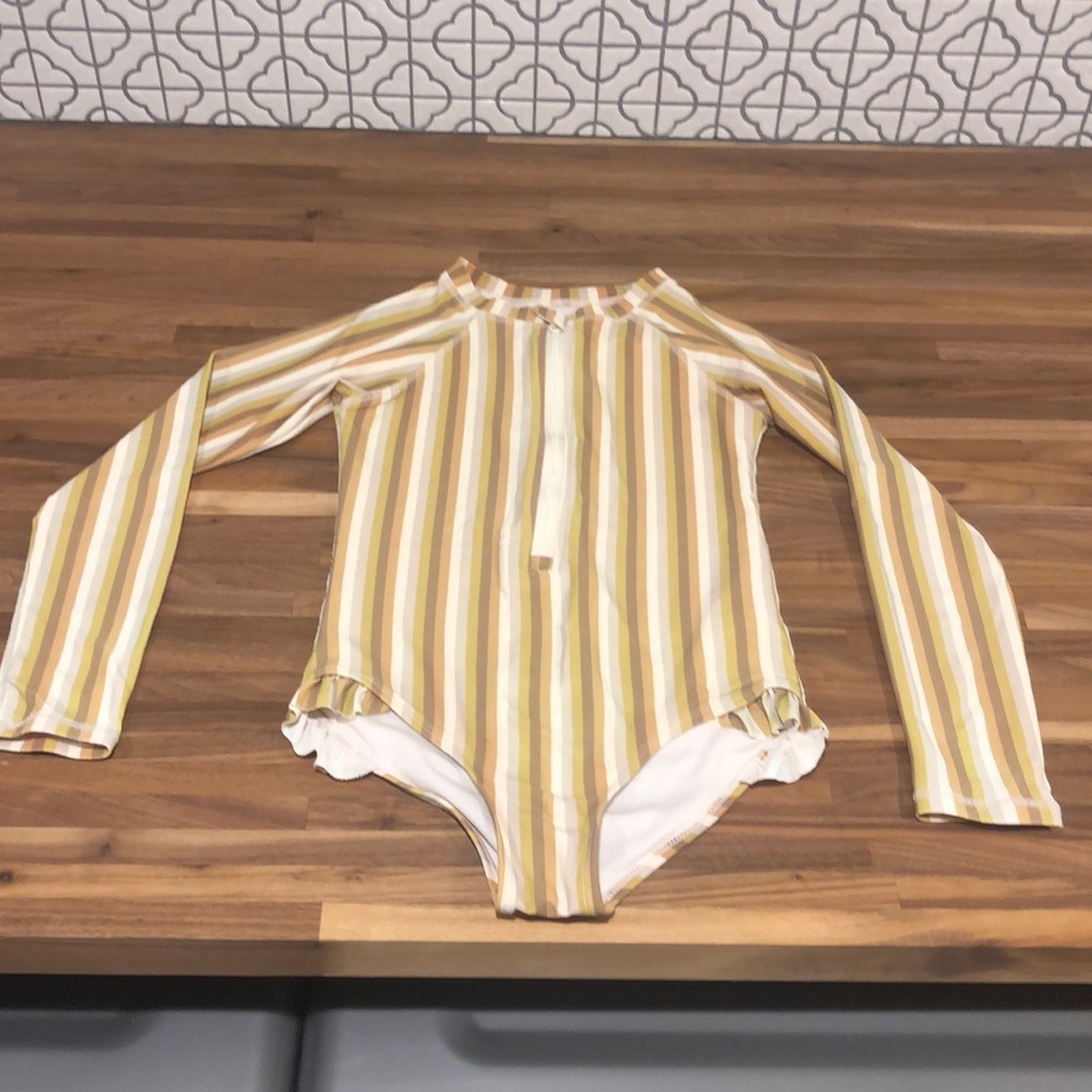 Rylee + Cru Yellow and Cream Striped Kids Swim One Piece